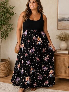 torrid Black Floral Maxi Dress with Purple & Pink Blooms